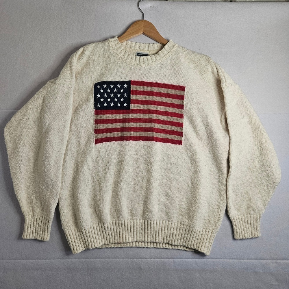 McIntosh & Seymour Mens American Flag Knit Sweater USA Made Medium Rugby 90s